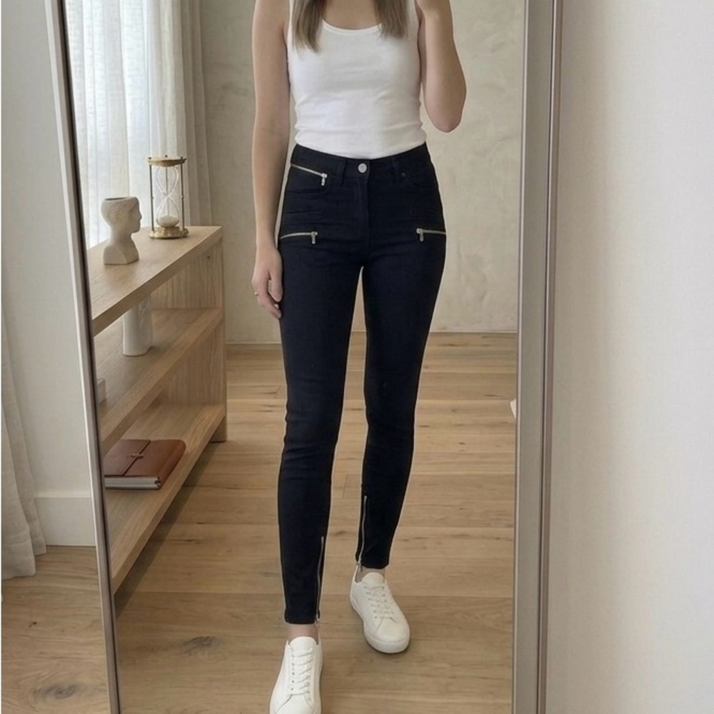 Zara Navy Skinny Pants with Silver Zipper Details